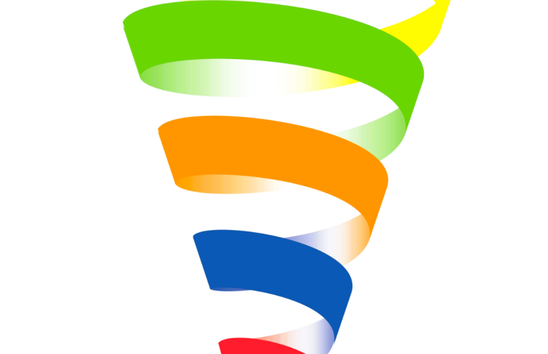 Bunte, spiralförmige Grafik mit grünen, orangen, blauen und roben Streifen.