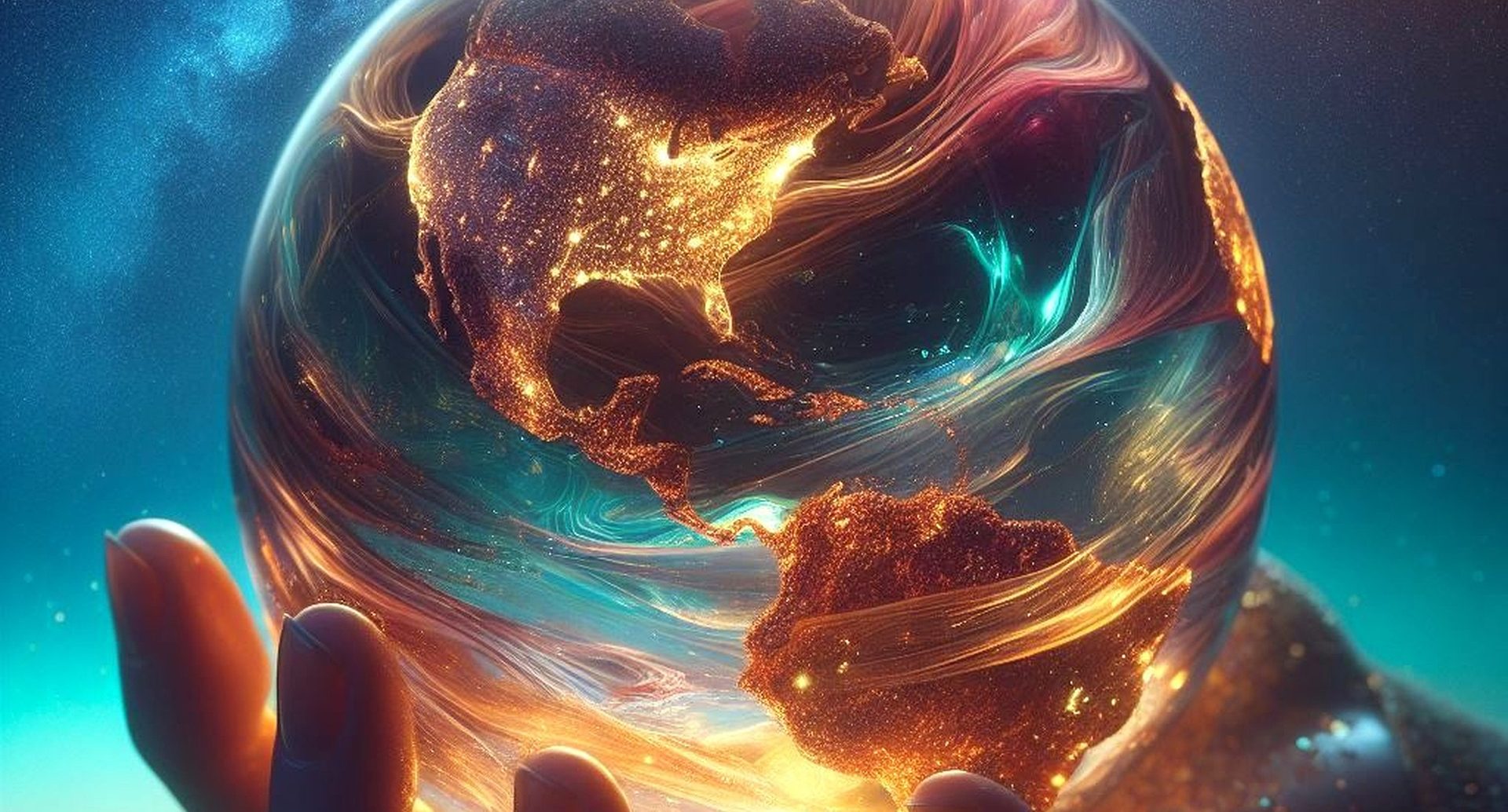 Leuchtende, transformierte Welt leuchtenden Erde in einer Hand symbolisiert Verantwortung, Macht des einzelnen auf die welt, leuchtenden, warmen Farben (Gold, Türkis, Blau)