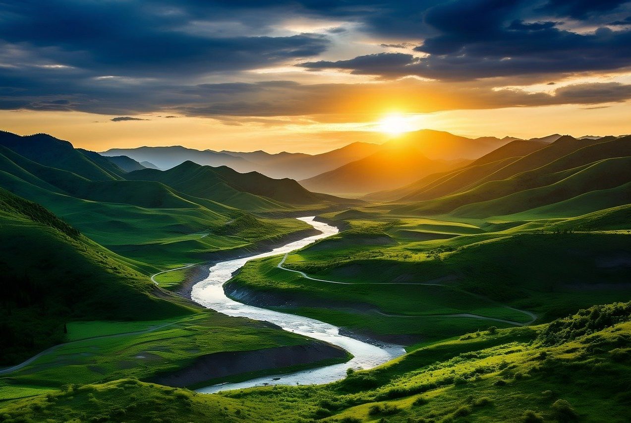 Sonniger Sonnenuntergang über einem Fluss, umgeben von grünen Hügeln und Wolken. Persönliches Wachstum als Weg zur globalen Transformation