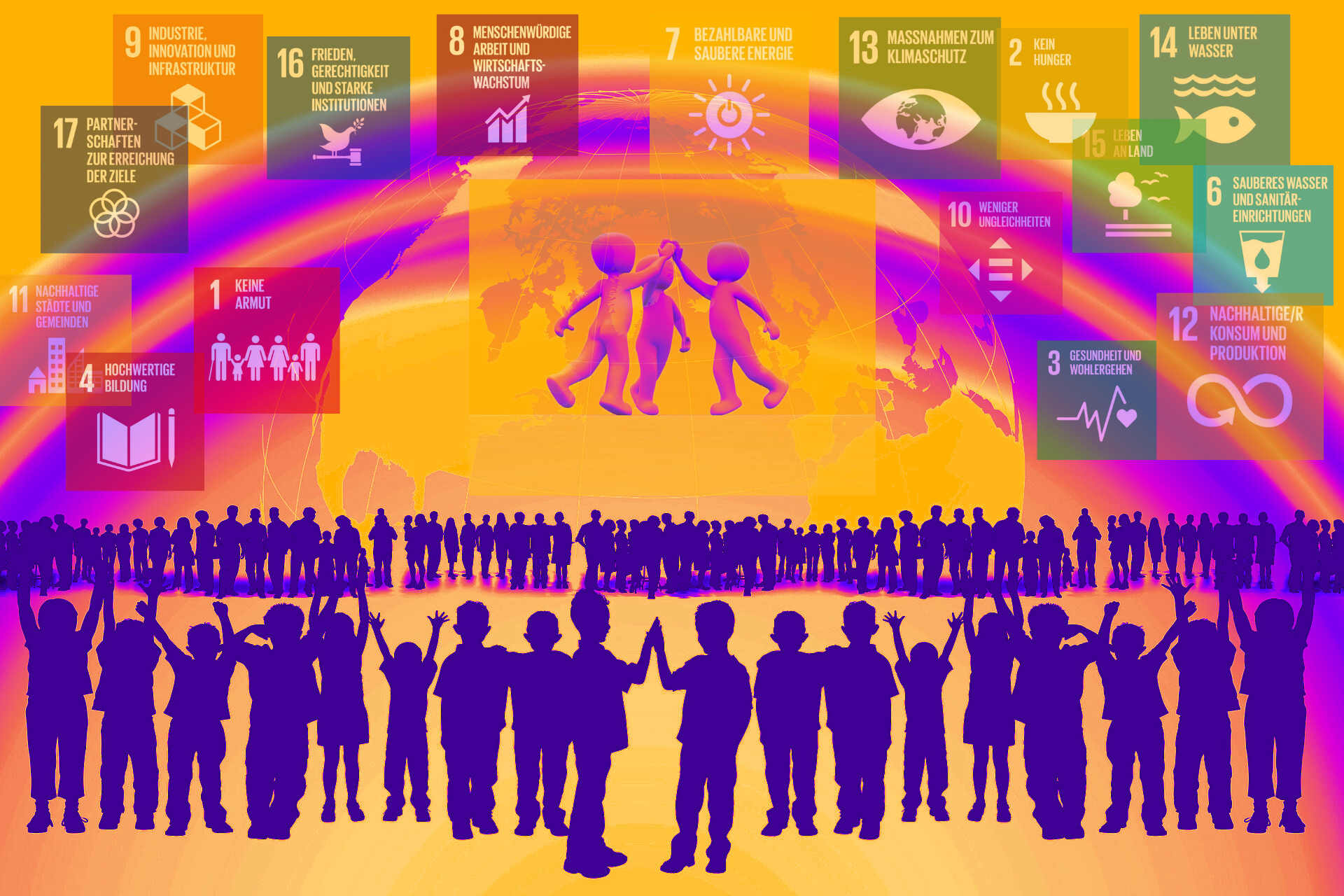 Diverse Menschen unter einem Regenbogen und der Erdkugel mit 3 abklatschenden Personen in der Mitte und den 17 Nachhaltigkeitszielen SDGs. 