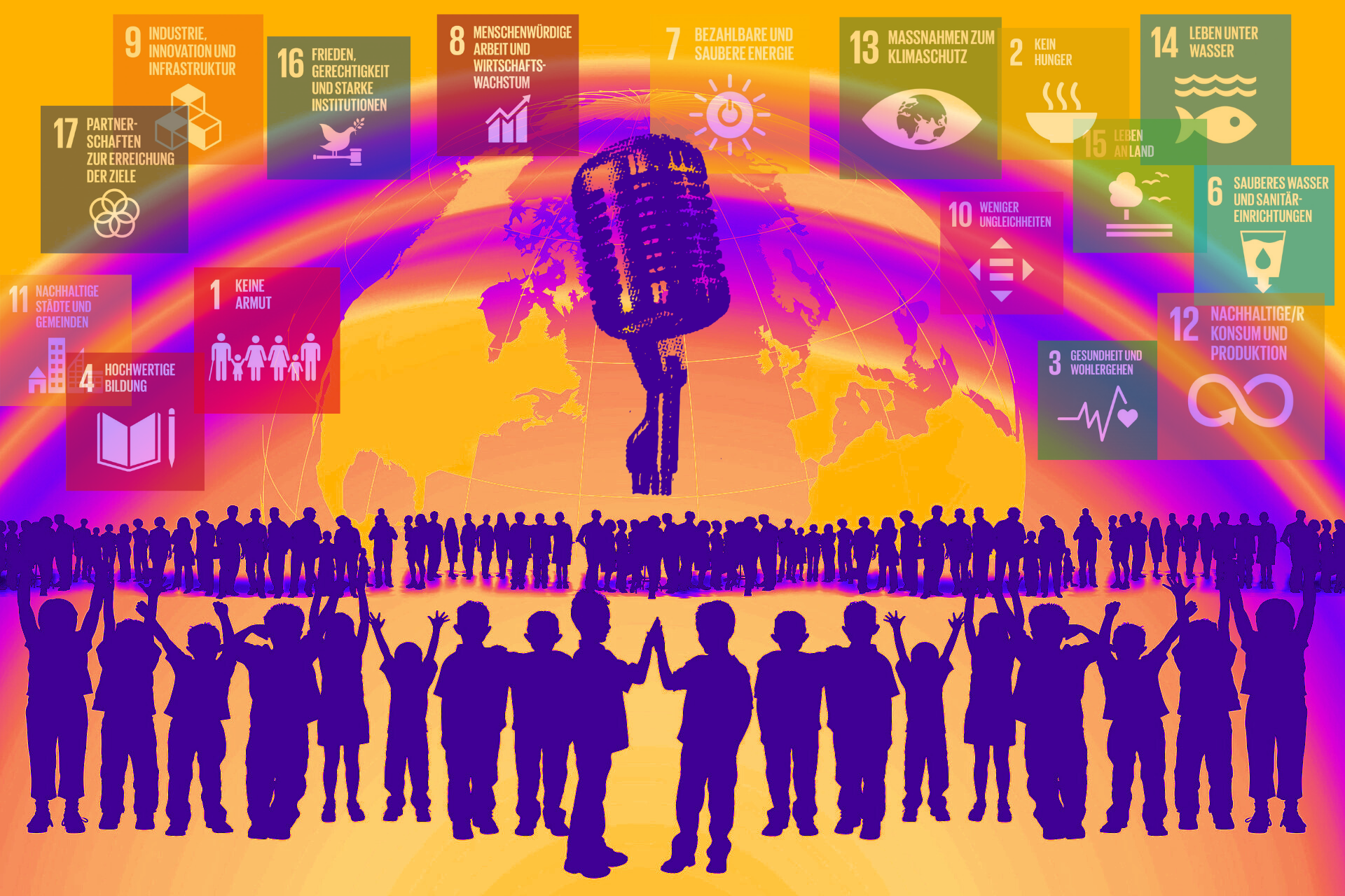 Diverse Menschen unter einem Regenbogen und der Erdkugel mit Mikrophon in der Mitte und den 17 Nachhaltigkeitszielen SDGs. 