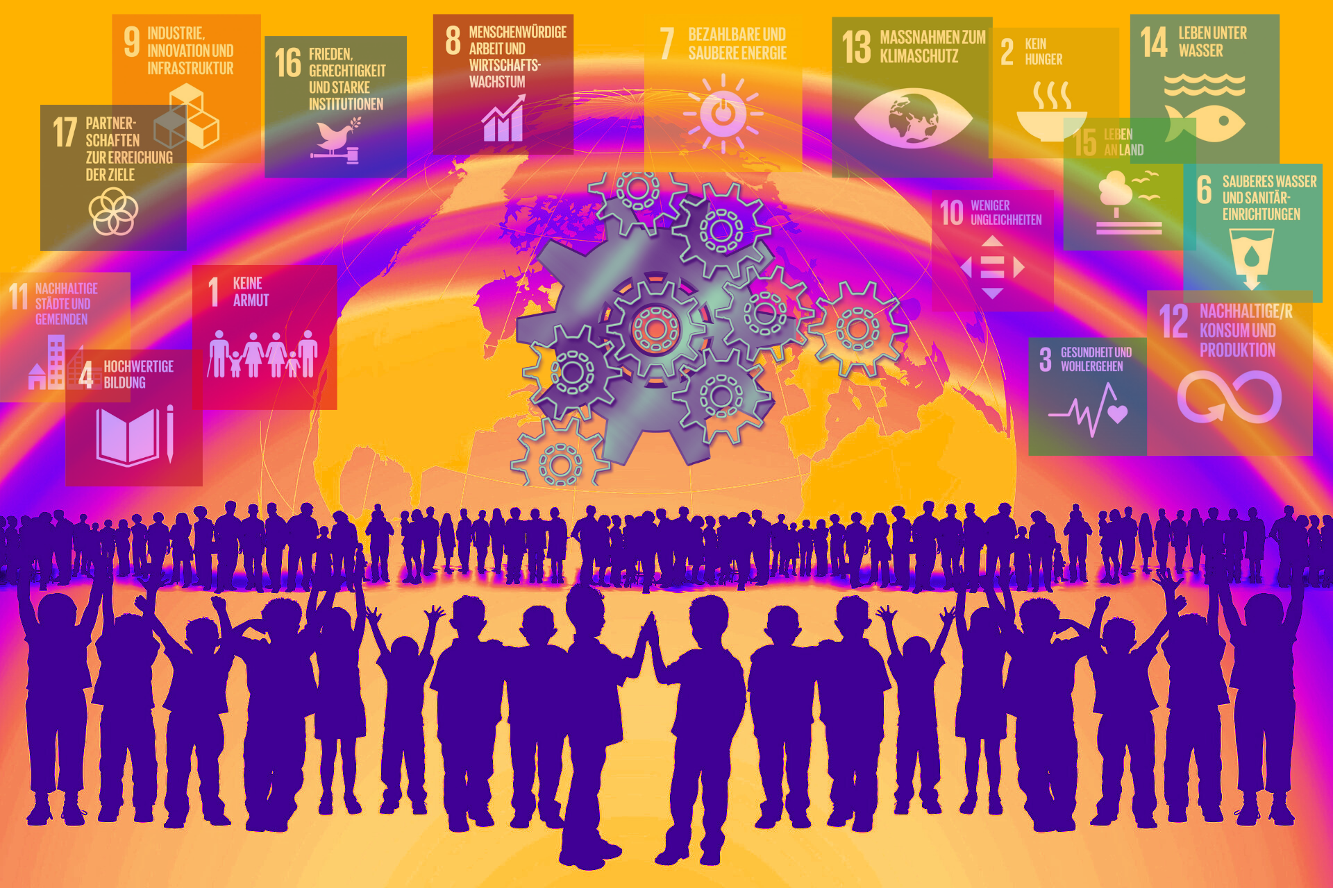Diverse Menschen unter einem Regenbogen und der Erdkugel mit Zahnrädern in der Mitte und den 17 Nachhaltigkeitszielen SDGs. 